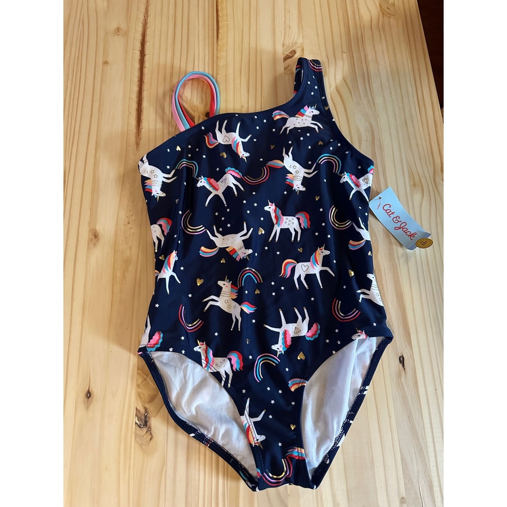 Cat & Jack Girls Unicorn Rainbow One Piece Swimsuit Navy Blue Size M 8 Plus NEW